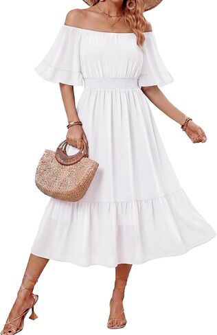 Women's Summer Boho Off Shoulder Midi Dress Ruffle Sleeve Smocked Elastic Waist Flowy Dresses in Saudi Arabia