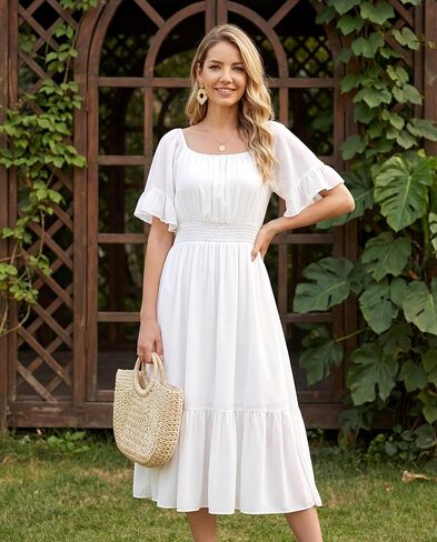Women's Summer Boho Off Shoulder Midi Dress Ruffle Sleeve Smocked Elastic Waist Flowy Dresses in Saudi Arabia