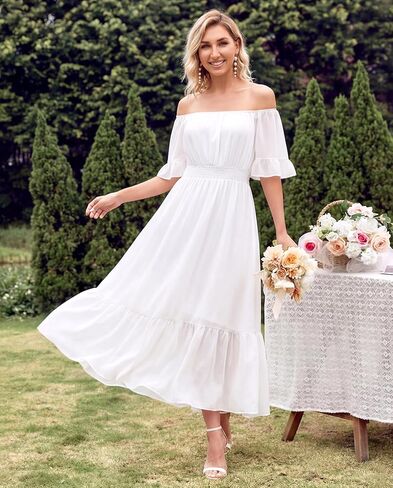 Women's Summer Boho Off Shoulder Midi Dress Ruffle Sleeve Smocked Elastic Waist Flowy Dresses in Saudi Arabia