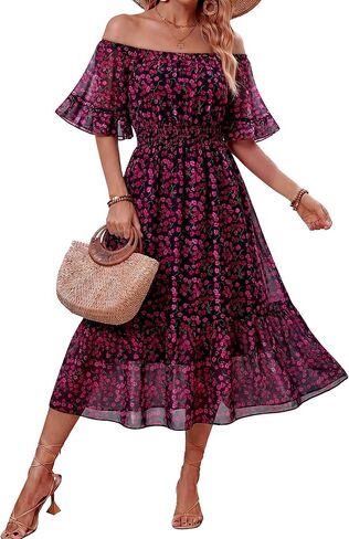 Women's Summer Boho Off Shoulder Midi Dress Ruffle Sleeve Smocked Elastic Waist Flowy Dresses in Saudi Arabia