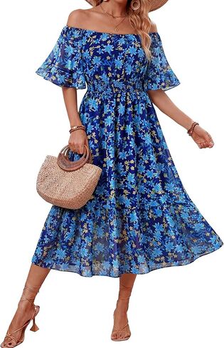Women's Summer Boho Off Shoulder Midi Dress Ruffle Sleeve Smocked Elastic Waist Flowy Dresses in Saudi Arabia