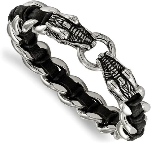 Sonia Jewels Stainless Steel Polished Blk Leather Antiqued-Style Dragon Head Bracelet in Saudi Arabia