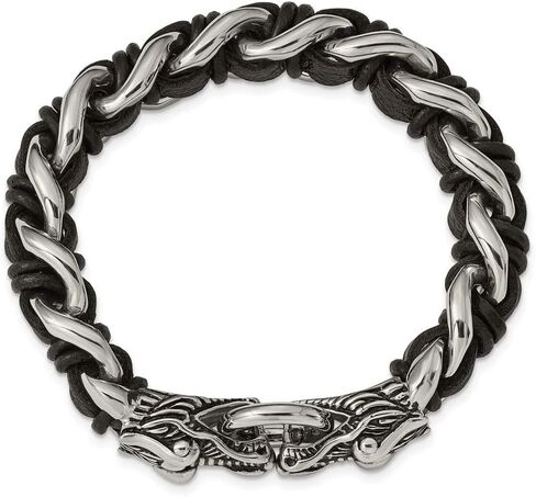 Sonia Jewels Stainless Steel Polished Blk Leather Antiqued-Style Dragon Head Bracelet in Saudi Arabia