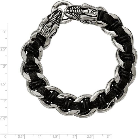 Sonia Jewels Stainless Steel Polished Blk Leather Antiqued-Style Dragon Head Bracelet in Saudi Arabia