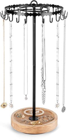 Rotating Necklace Holder Tree Stand, Necklace Organizer with 24 Hooks for Vendors Retail Display, Metal and Wooden in Kuwait