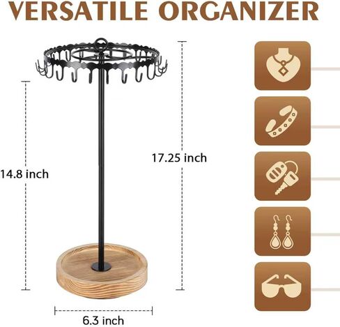 Rotating Necklace Holder Tree Stand, Necklace Organizer with 24 Hooks for Vendors Retail Display, Metal and Wooden in Kuwait