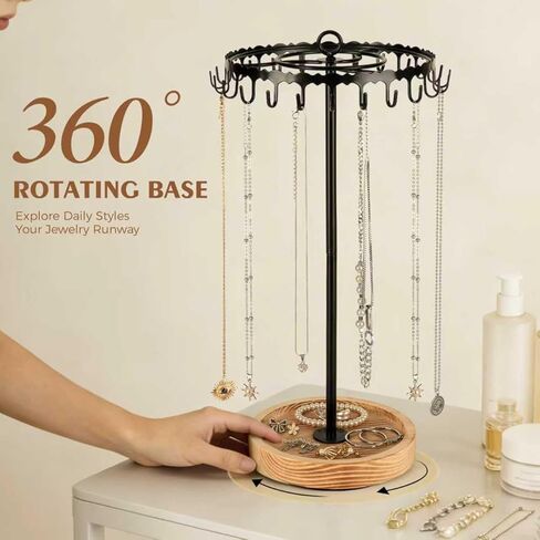 Rotating Necklace Holder Tree Stand, Necklace Organizer with 24 Hooks for Vendors Retail Display, Metal and Wooden in Kuwait