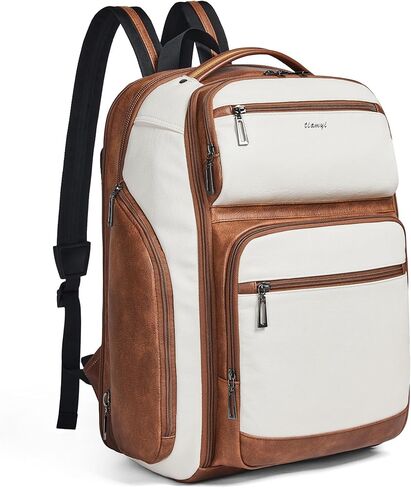 Vegan Leather Backpack, 40L Expandable, TSA Travel Backpack for Men and Women, Fits 17.0 Inch Notebook with USB Port and Luggage Strap, Beige in Saudi Arabia