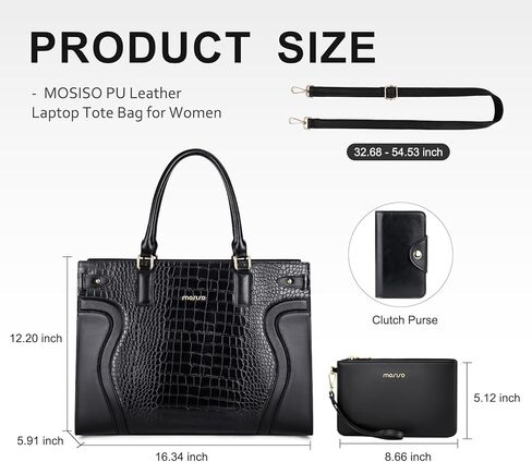 حقيبة كمبيوتر محمول للنساء من MOSISO، حقيبة كمبيوتر محمول من جلد البولي يوريثان مقاوم للماء مقاس 15.6 بوصة، حقيبة كتف بمقبض علوي مع محفظة بمقبض، حقيبة يد كبيرة الحجم للمدرسين لمكتب العمل، أسود in Kuwait