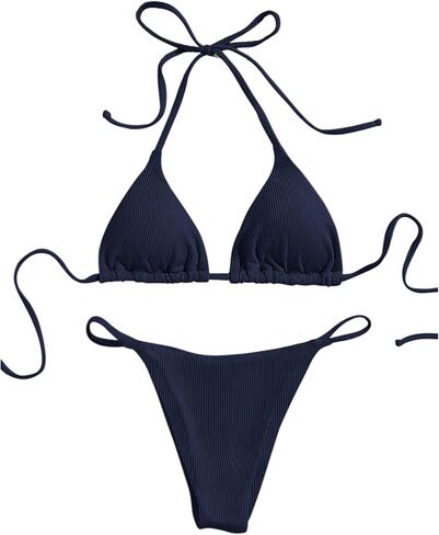 SHENHE Women's Thong Bikini Set Ribbed Knit Triangle Halter Swimsuits 2 Piece Bathing Suits in Saudi Arabia