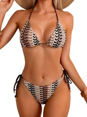 Fanuerg Women Triangle Bikini Sets Sexy Halter String Two Piece Swimsuit Textured Color Block Swimwear Bathing Suit in Saudi Arabia