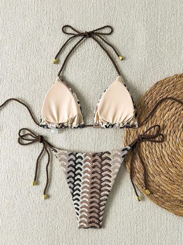 Fanuerg Women Triangle Bikini Sets Sexy Halter String Two Piece Swimsuit Textured Color Block Swimwear Bathing Suit in Saudi Arabia