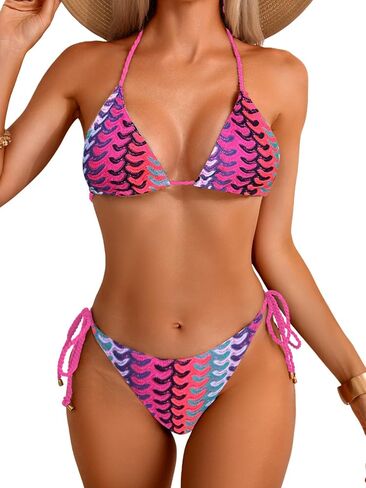 Fanuerg Women Triangle Bikini Sets Sexy Halter String Two Piece Swimsuit Textured Color Block Swimwear Bathing Suit in Saudi Arabia