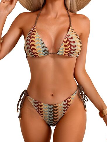 Fanuerg Women Triangle Bikini Sets Sexy Halter String Two Piece Swimsuit Textured Color Block Swimwear Bathing Suit in Saudi Arabia
