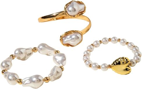 GIGB PBDK Layered Gold Plated Baroque Pearl Bead Bracelet for Women,Geometric Stackable Heart Elastic Bracelets Bohemian Party Holiday Jewelry Accessories Gifts in Saudi Arabia