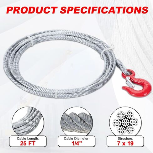 Heavy-Duty Winch Cable, 3/8" × 100' Steel Cable with Self-Locking Swivel Hook, 6 x 37 Strand Core Winch Rope, 20,500 Lbs Breaking Strength, Suitable for SUV, Trailers, and Cranes in Kuwait