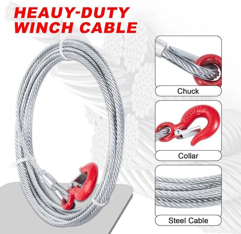 Heavy-Duty Winch Cable, 3/8" × 100' Steel Cable with Self-Locking Swivel Hook, 6 x 37 Strand Core Winch Rope, 20,500 Lbs Breaking Strength, Suitable for SUV, Trailers, and Cranes in Kuwait