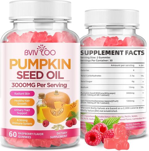 Pumpkin Seed Oil Gummies with Saw Palmetto, Organic Pumpkin Seed Oil Supplement, High-Purity Extract for Hair Growth, Skin Health, & Immune Support, Raspberry Flavor, 120 Count in Saudi Arabia