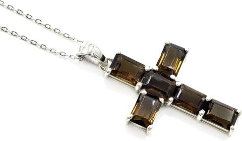 925 Sterling Silver Natural Smoky Quartz 7X5 MM Octagon Gemstone Holy Cross Pendant Necklace June Birthstone Handmade Jewelry Engagement Gift For Her (PD-8440) in Saudi Arabia
