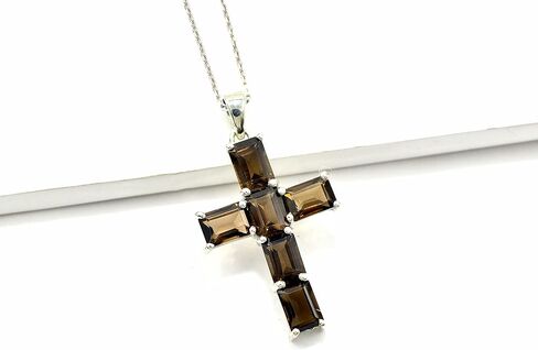 925 Sterling Silver Natural Smoky Quartz 7X5 MM Octagon Gemstone Holy Cross Pendant Necklace June Birthstone Handmade Jewelry Engagement Gift For Her (PD-8440) in Saudi Arabia