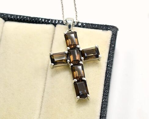 925 Sterling Silver Natural Smoky Quartz 7X5 MM Octagon Gemstone Holy Cross Pendant Necklace June Birthstone Handmade Jewelry Engagement Gift For Her (PD-8440) in Saudi Arabia