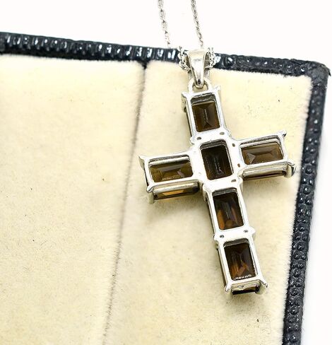 925 Sterling Silver Natural Smoky Quartz 7X5 MM Octagon Gemstone Holy Cross Pendant Necklace June Birthstone Handmade Jewelry Engagement Gift For Her (PD-8440) in Saudi Arabia