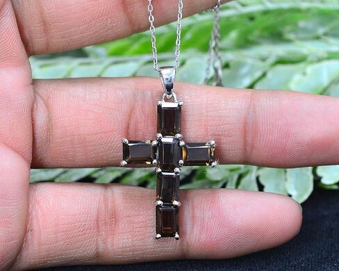 925 Sterling Silver Natural Smoky Quartz 7X5 MM Octagon Gemstone Holy Cross Pendant Necklace June Birthstone Handmade Jewelry Engagement Gift For Her (PD-8440) in Saudi Arabia