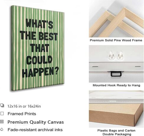 What's The Best That Could Happen Wall Art Green Striped Positive Quotes Canvas Wall Decor Funky Preppy Picture Prints Inspirational Quotes Poster Painting for Bedroom Living Room Picture Framed in Saudi Arabia