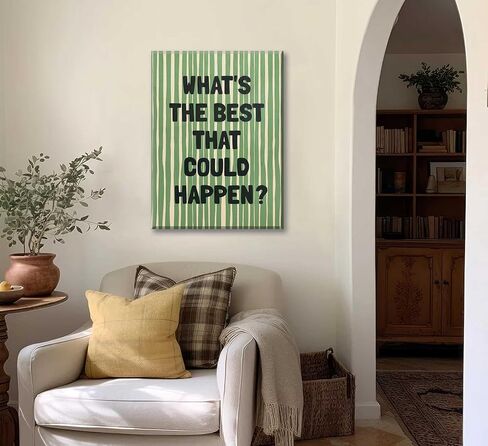 What's The Best That Could Happen Wall Art Green Striped Positive Quotes Canvas Wall Decor Funky Preppy Picture Prints Inspirational Quotes Poster Painting for Bedroom Living Room Picture Framed in Saudi Arabia
