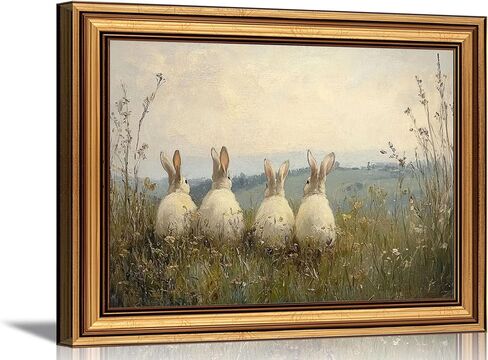 Vintage Gold Framed 3D Textured Wall Art Easter Four Rabbits In Meadow Oil Painting Wall Decor Picture Spring Cottagecore Nature Bunny Landscape Poster Print for Gallery Home Decoration 9x11in in Saudi Arabia