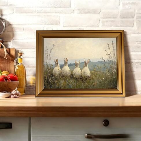 Vintage Gold Framed 3D Textured Wall Art Easter Four Rabbits In Meadow Oil Painting Wall Decor Picture Spring Cottagecore Nature Bunny Landscape Poster Print for Gallery Home Decoration 9x11in in Saudi Arabia