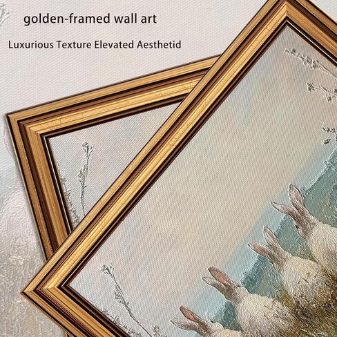 Vintage Gold Framed 3D Textured Wall Art Easter Four Rabbits In Meadow Oil Painting Wall Decor Picture Spring Cottagecore Nature Bunny Landscape Poster Print for Gallery Home Decoration 9x11in in Saudi Arabia