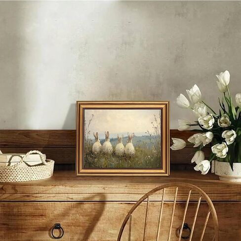 Vintage Gold Framed 3D Textured Wall Art Easter Four Rabbits In Meadow Oil Painting Wall Decor Picture Spring Cottagecore Nature Bunny Landscape Poster Print for Gallery Home Decoration 9x11in in Saudi Arabia