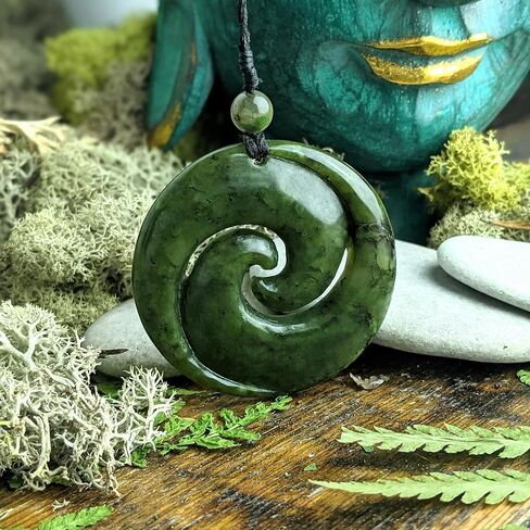 81stgeneration Nephrite Jade Large Double Koru Spiral Pendant Necklace - Maori Style Cord Necklace for Men - Real Greenstone Tribal Hand-Carved Amulet - Green Gemstone Statement Jewelry in Saudi Arabia