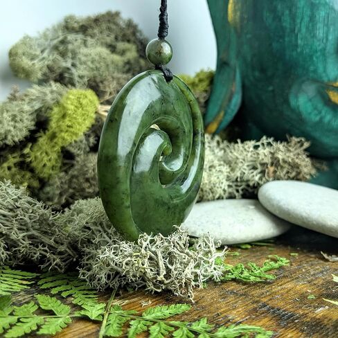 81stgeneration Nephrite Jade Large Double Koru Spiral Pendant Necklace - Maori Style Cord Necklace for Men - Real Greenstone Tribal Hand-Carved Amulet - Green Gemstone Statement Jewelry in Saudi Arabia