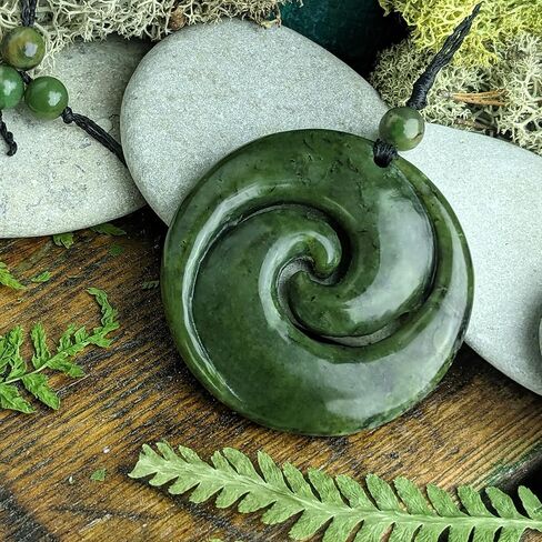 81stgeneration Nephrite Jade Large Double Koru Spiral Pendant Necklace - Maori Style Cord Necklace for Men - Real Greenstone Tribal Hand-Carved Amulet - Green Gemstone Statement Jewelry in Saudi Arabia