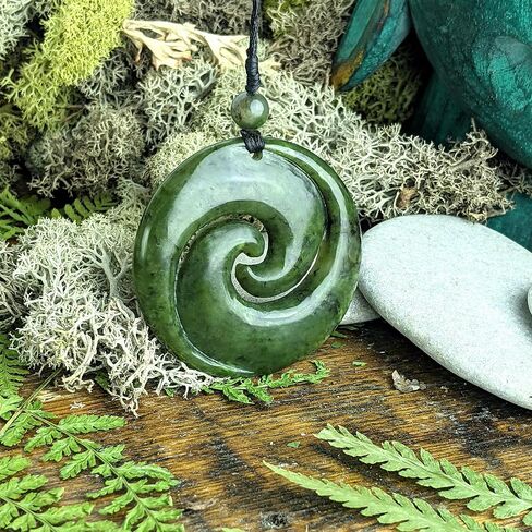 81stgeneration Nephrite Jade Large Double Koru Spiral Pendant Necklace - Maori Style Cord Necklace for Men - Real Greenstone Tribal Hand-Carved Amulet - Green Gemstone Statement Jewelry in Saudi Arabia
