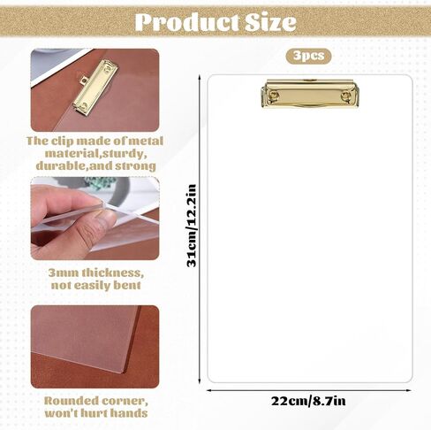 3 Pcs Thick Clipboards Clear Clipboard Acrylic Clipboard with Gold Clip Stylish A4 Size Clipboards for Office, School, and Home Use in Saudi Arabia