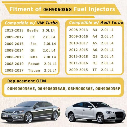 مجموعة من 4 محاقن وقود EA-888-Turbo 2.0L، متوافقة مع/Audi 2.0 A4 A5 A6 Q5 2010-2016، متوافقة مع/VW 2.0T Jetta Passat Gti CC 2008-2017 |OE#06H906036AE| in Saudi Arabia
