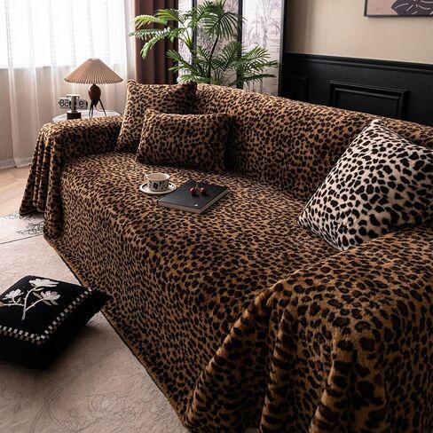 Plush Leopard Print Sofa Cover Couch Cover, Warm and Soft Faux Fur Couch Protector for Fall Winter, Washable Fuzzy Couch Slipcover, Pet-Friendly, Fits 2/3-Seater (71″x134″) in Saudi Arabia