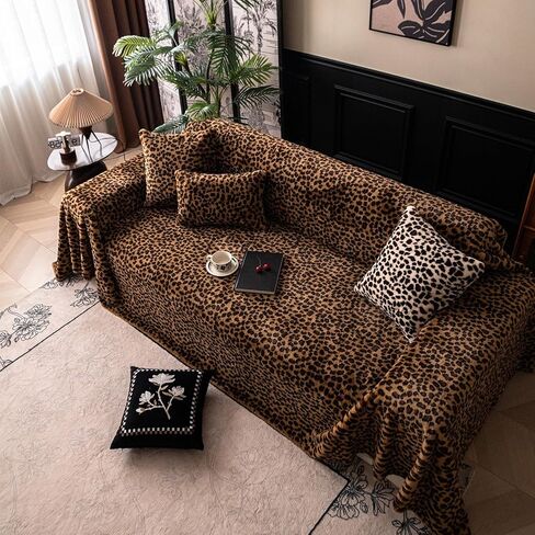Plush Leopard Print Sofa Cover Couch Cover, Warm and Soft Faux Fur Couch Protector for Fall Winter, Washable Fuzzy Couch Slipcover, Pet-Friendly, Fits 2/3-Seater (71″x134″) in Saudi Arabia