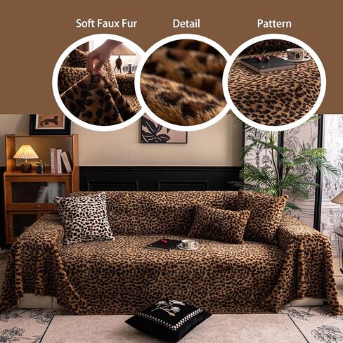 Plush Leopard Print Sofa Cover Couch Cover, Warm and Soft Faux Fur Couch Protector for Fall Winter, Washable Fuzzy Couch Slipcover, Pet-Friendly, Fits 2/3-Seater (71″x134″) in Saudi Arabia