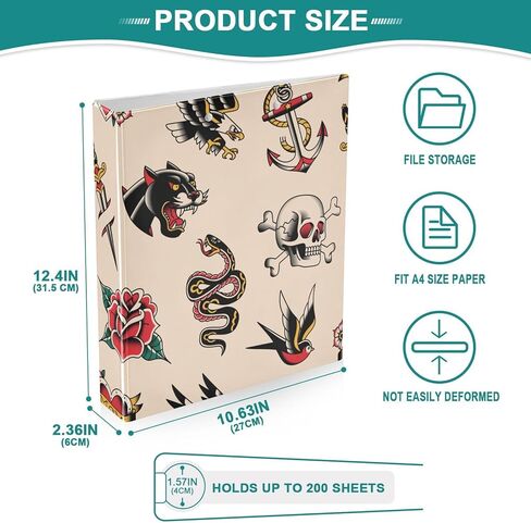 Vintage Tattoo 3 Ring Binder 1.5 Inch Round Ring Binder Organizer with Clear View Pocket for Office Supplies-1Pack in Saudi Arabia