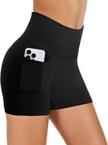 شورت لراكبي الدراجات النارية مع جيوب 5 بوصات عالي الخصر للتمرين في صالة الألعاب الرياضية من الألياف اللدنة، شورت يوجا للتحكم في البطن in Kuwait
