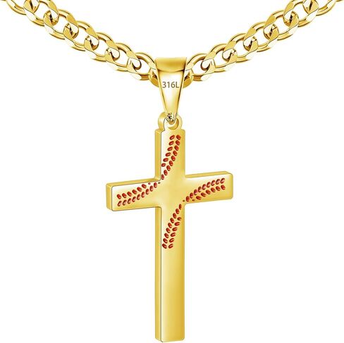 Avotto 316L الفولاذ المقاوم للصدأ البيسبول / كرة القدم / كرة القدم عبر سلسلة عيد الحب قلادة للرجال الأولاد، الفضة الذهب الأسود الرجال الأولاد القلائد 5mm غير يتلاشى سلسلة الكوبية قوية مع الصليب قلادة المجوهرات الهدايا in Kuwait