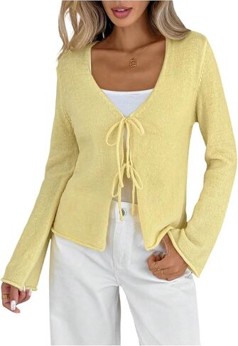 Milumia Women's Bow Tie Front Cardigan Sweater V Neck Bell Long Sleeve Sweaters Knitwear in Saudi Arabia