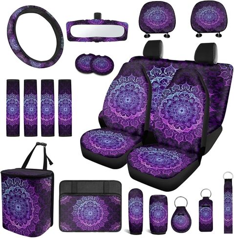 21 Pack Mandala Car Seat Cover Full Set Purple Auto Interior Accessories with Elastic Steering Wheel Cover,Seat Belt Pad,Armrest Cushion,Trash Can,Key Chain Gift for Friends in Kuwait