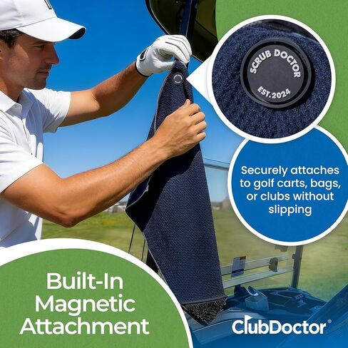 منشفة جولف سكرب دكتور (أسود) - فرشاة تنظيف مدمجة للنادي - أخاديد نظيفة - مغناطيس لتثبيت قوي لعربات الجولف أو النوادي - ألياف دقيقة سميكة من الوافل الفاخر in Kuwait