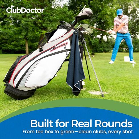 منشفة جولف سكرب دكتور (أسود) - فرشاة تنظيف مدمجة للنادي - أخاديد نظيفة - مغناطيس لتثبيت قوي لعربات الجولف أو النوادي - ألياف دقيقة سميكة من الوافل الفاخر in Kuwait