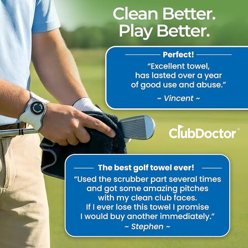 منشفة جولف سكرب دكتور (أسود) - فرشاة تنظيف مدمجة للنادي - أخاديد نظيفة - مغناطيس لتثبيت قوي لعربات الجولف أو النوادي - ألياف دقيقة سميكة من الوافل الفاخر in Kuwait